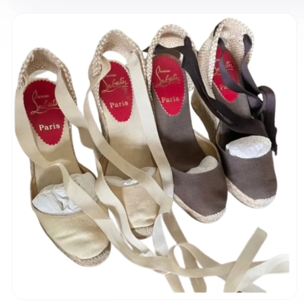2 pair Christian Louboutin Brown Espadrille Flats with Ankle Ties
